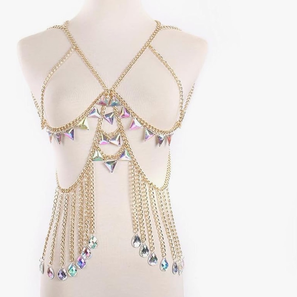Rave bra crystal chain harness top festival gold rhinestone iridescent hologram